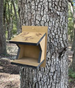 Birdhouse attached to a tree trunk in a forest, with a slanted roof and illustrations of different bird species on the front.
